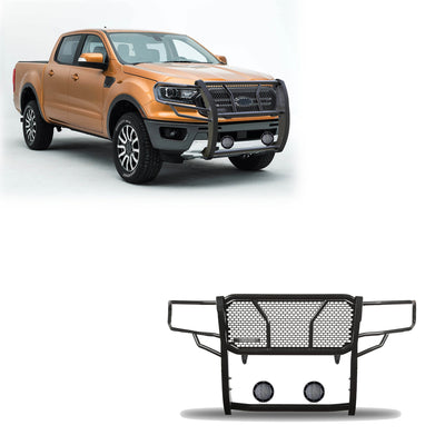 2019-2023 Ford Ranger Rugged Heavy Duty Grille Guard Kit Modular Pair of 5.3" Dia. LED Flood Lights w/ Black Trim Rings Wiring Harness  and Switch | Black Horse Off Road - Image 1