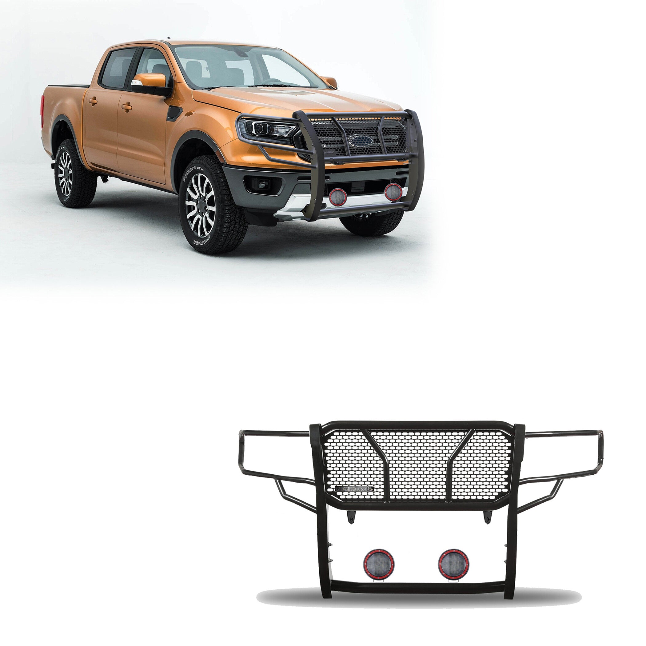 2019-2023 Ford Ranger Rugged Heavy Duty Grille Guard Kit Modular Pair of 5.3" Dia. LED Flood Lights w/ Red Trim Rings Wiring Harness  and Switch | Black Horse Off Road - Image 1