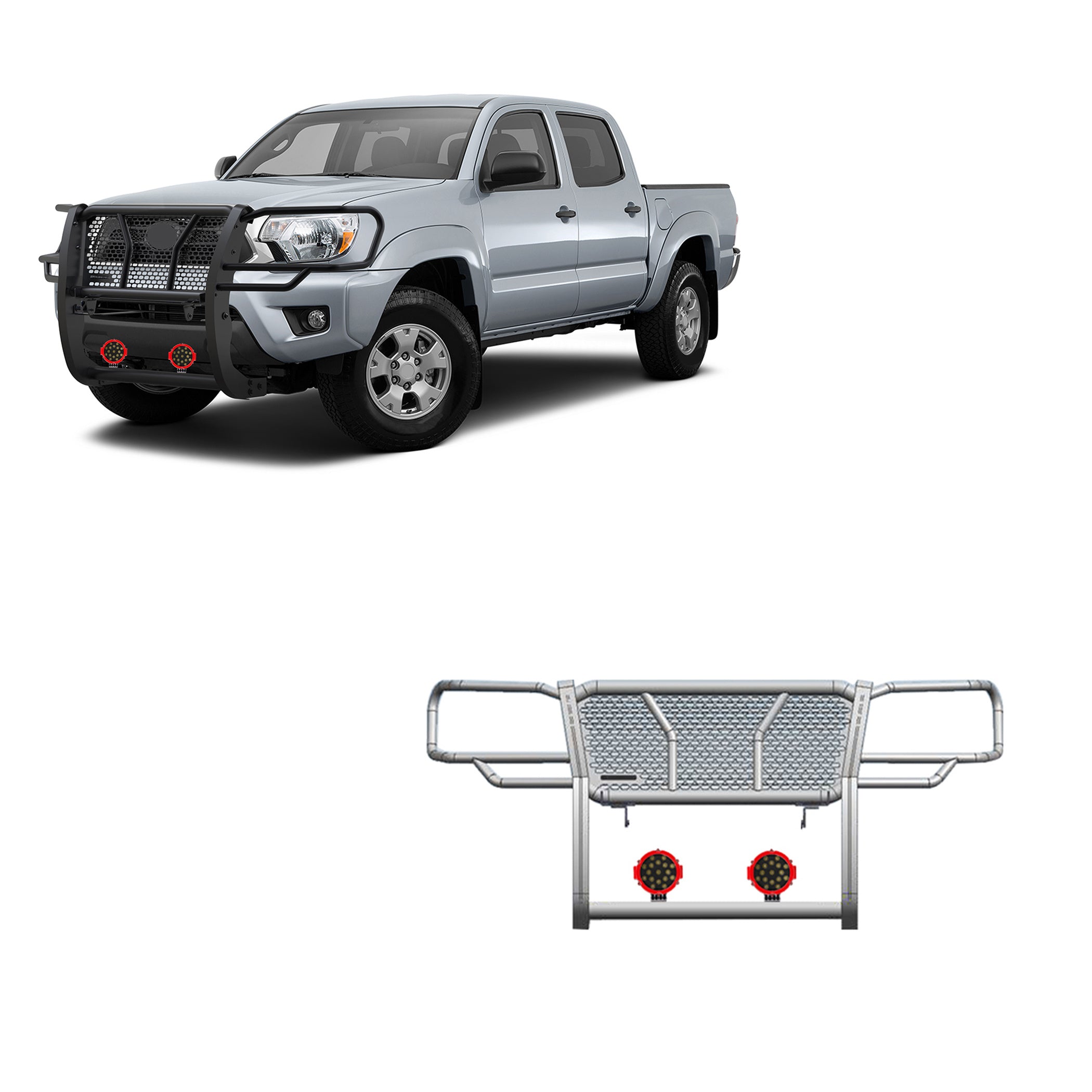 2005-2015 Toyota Tacoma Rugged Heavy Duty Grille Guard Kit Modular Incl. pair of 7.0" Dia. LED  Lights w/ Red Trim Rings w/ Wiring Harness and Switch | Black Horse Off Road - Image 1
