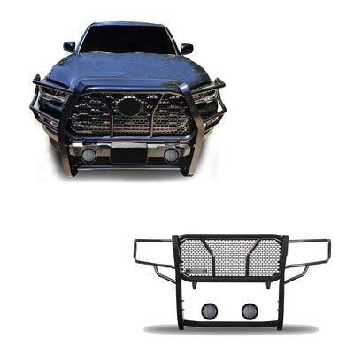 2016-2023 Toyota Tacoma Rugged Heavy Duty Grille Guard Kit Modular Pair of 5.3" Dia. LED Flood Lights w/ Black Trim Rings Wiring Harness  and Switch | Black Horse Off Road - Image 1