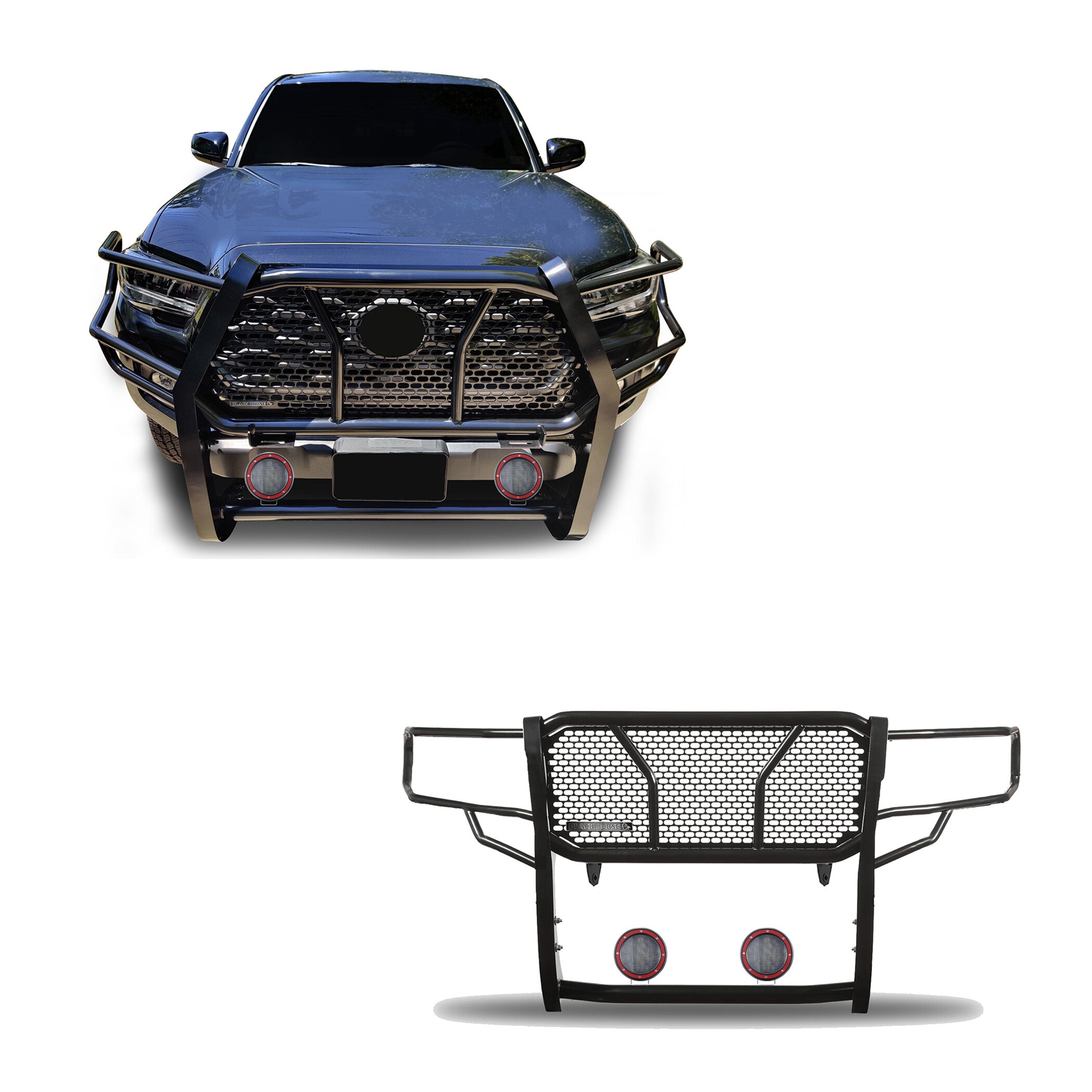2016-2023 Toyota Tacoma Rugged Heavy Duty Grille Guard Kit Modular Pair of 5.3" Dia. LED Flood Lights w/ Red Trim Rings Wiring Harness  and Switch | Black Horse Off Road - Image 1