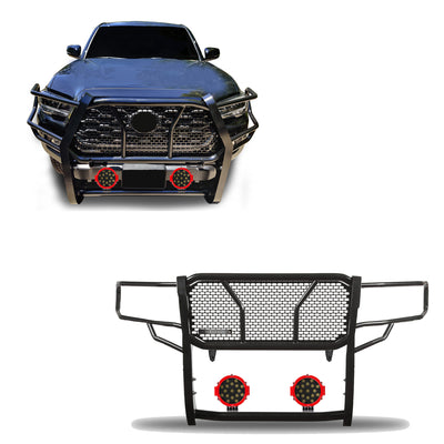2016-2023 Toyota Tacoma Rugged Heavy Duty Grille Guard Kit Modular Incl. pair of 7.0" Dia. LED  Lights w/ Red Trim Rings w/ Wiring Harness and Switch | Black Horse Off Road - Image 1