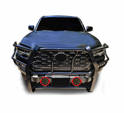 2016-2023 Toyota Tacoma Rugged Heavy Duty Grille Guard Kit Modular Incl. pair of 7.0" Dia. LED  Lights w/ Red Trim Rings w/ Wiring Harness and Switch | Black Horse Off Road - Image 2