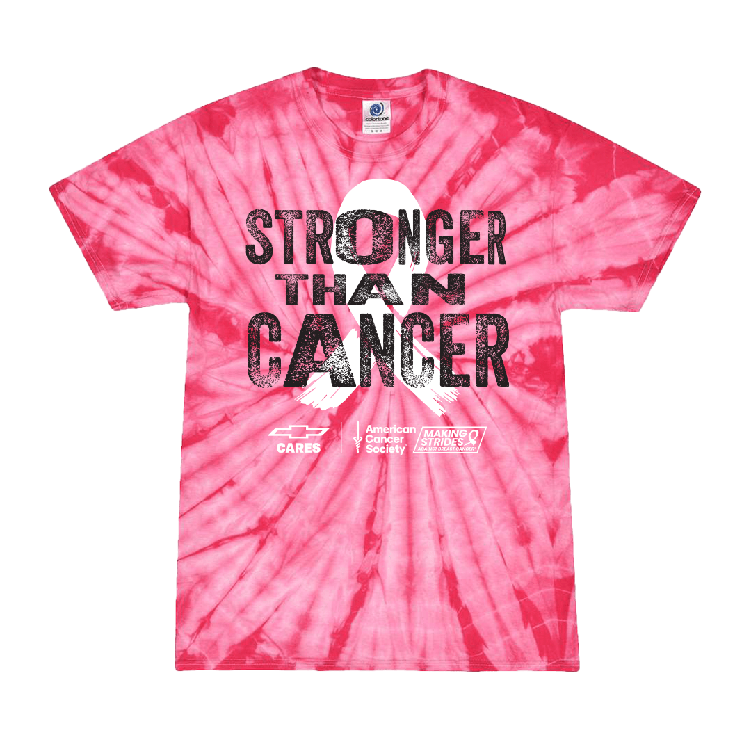 Chevy Cares Stronger Than Cancer pink cyclone tie-dye t-shirt with white awareness ribbon