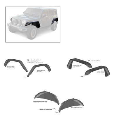 2018-2026 Jeep Wrangler Full Set Tubular Fender Flares & Inner Fender Flares Liners - Front & Rear | Black Horse Off Road - Image 1
