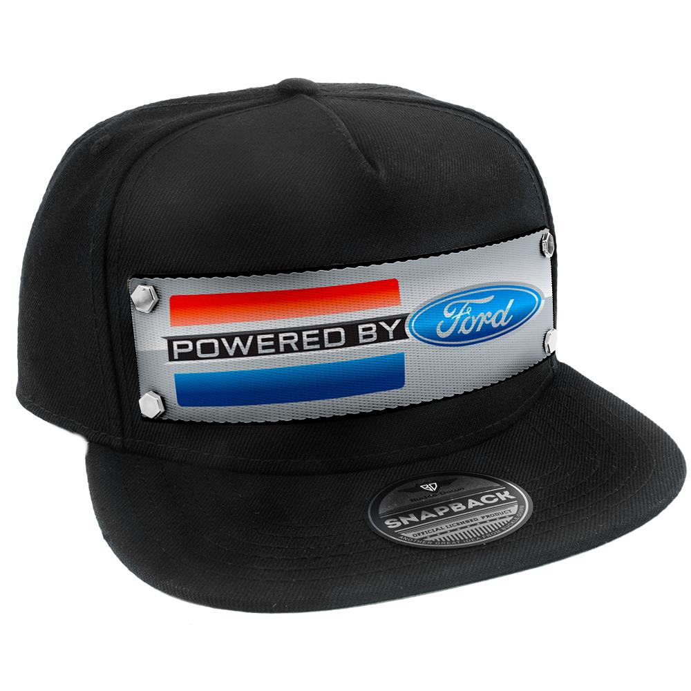 POWERED BY FORD Stripe/Oval Embellishment Trucker Hat BLACK - Full Color Strap - Gray/Red/Black/Blue