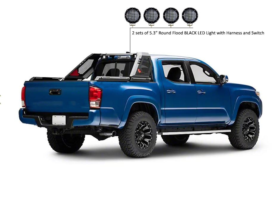 2005-2026 Toyota Tacoma Vigor Roll Bar Kit Modular 2nd Box contains VI06 : 51lb, 34x12x7 & 2 sets of 5.3" Dia.  Black LED Flood Lights w/ Harness and Switch | Black Horse Off Road - Image 7