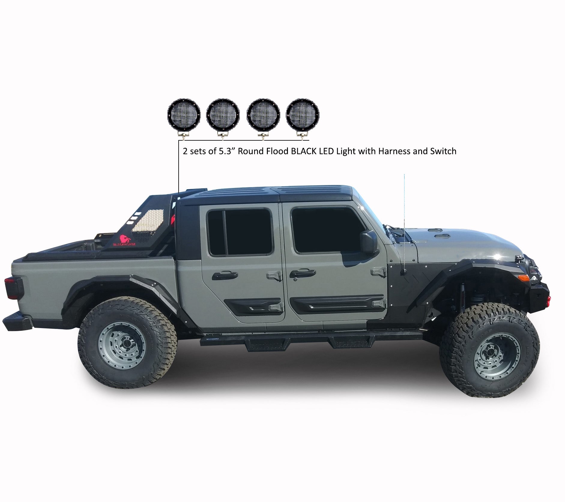 2020-2026 Jeep Gladiator Vigor Roll Bar Kit Modular 2 sets of 5.3" Dia.  Black LED Flood Lights w/ Harness and Switch | Black Horse Off Road - Image 8