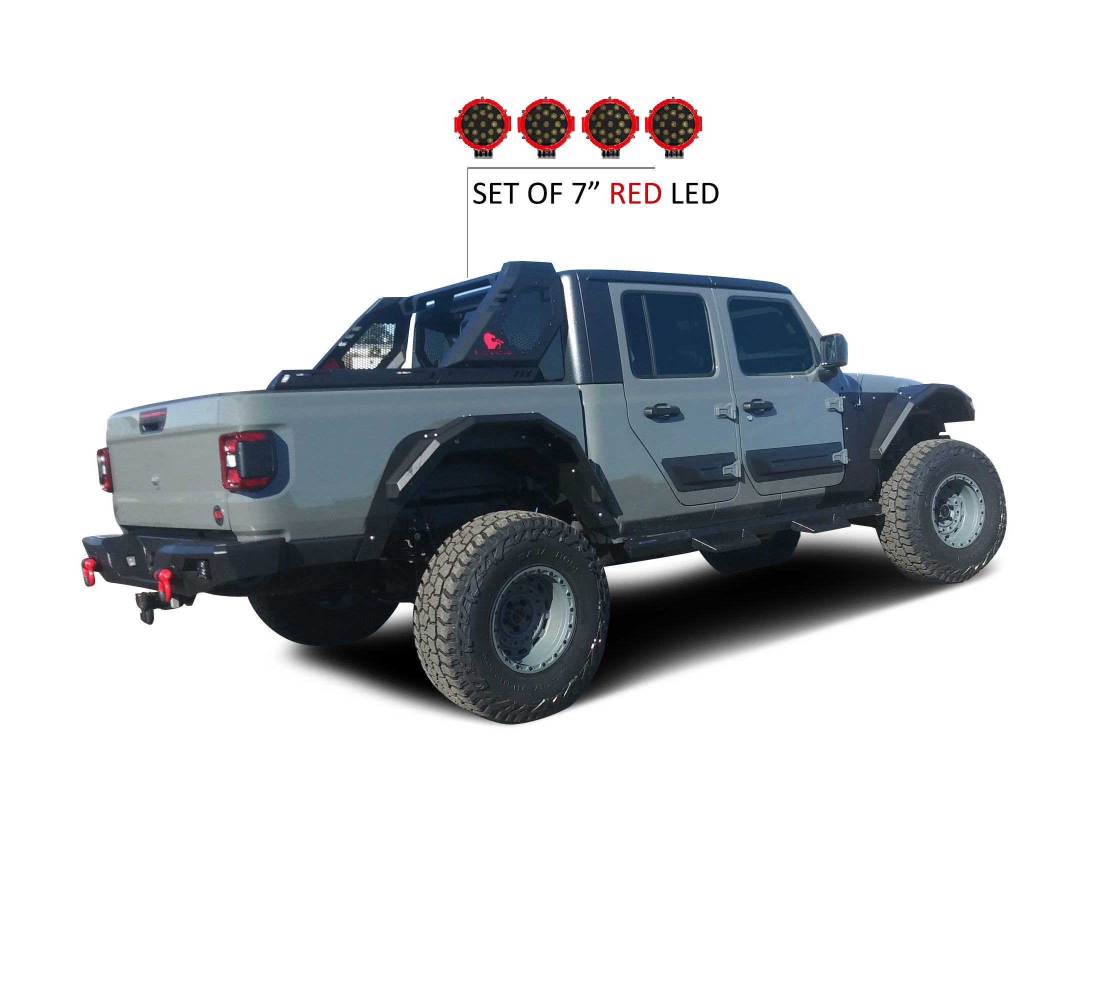 2020-2026 Jeep Gladiator Vigor Roll Bar Kit Modular Incl. 2 pairs of 7.0"Dia.  LED  Lights w/Red Trim Rings w/ Wiring Harness and Switch | Black Horse Off Road - Image 2