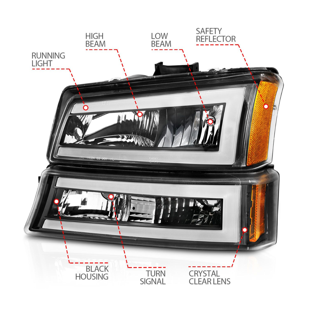 Chevrolet Silverado 1500 03-06 / 07 Classic Black Crystal LED Projector Plank Style Headlights 4pcs