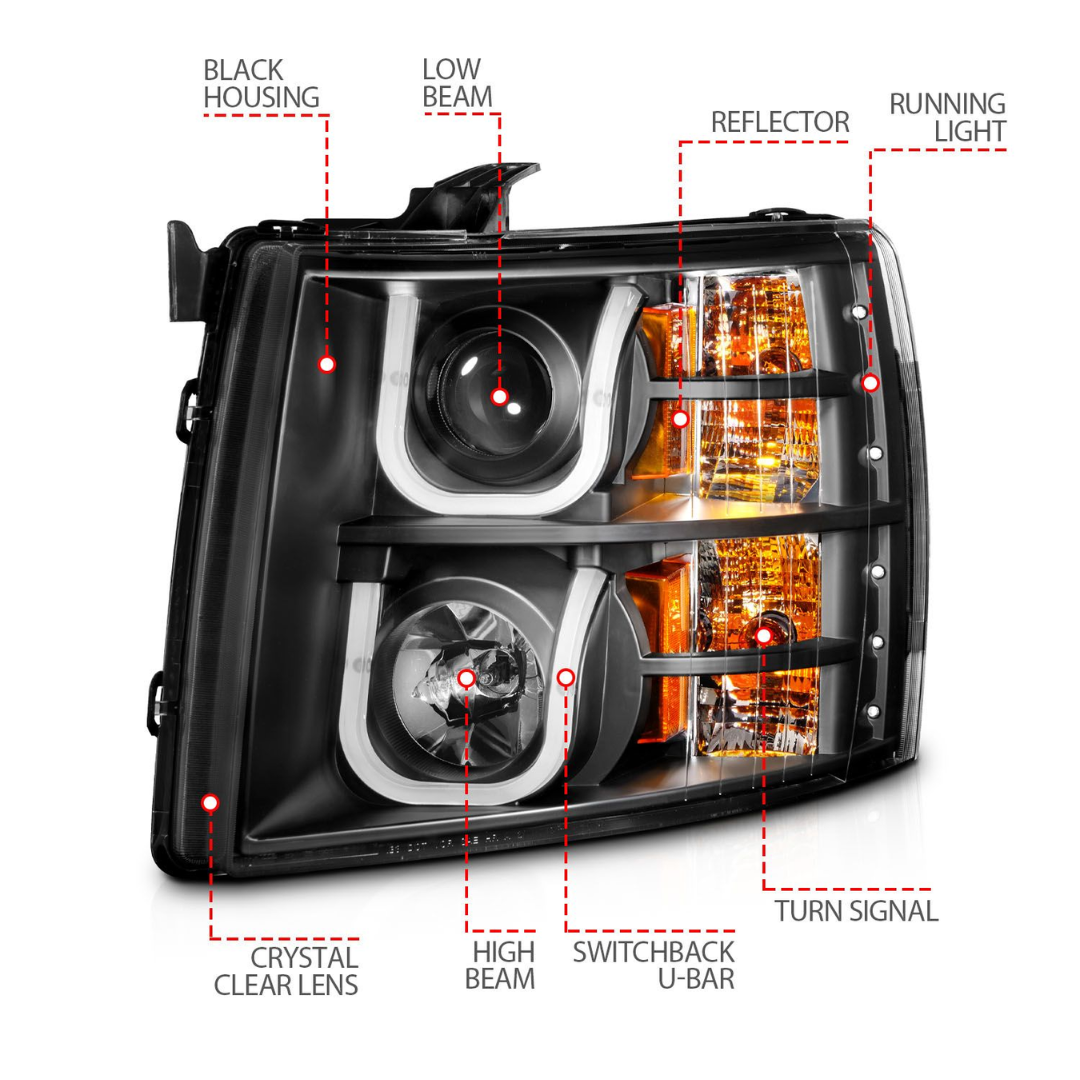 Chevrolet Silverado 1500 07-13 / 2500HD/3500HD 07-14 Black Projector U-Bar Switchback Headlights
