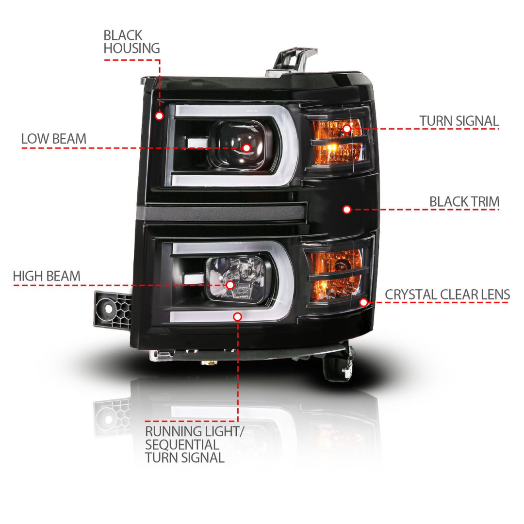 Chevrolet Silverado 1500 14-15 Black Projector Plank Style Sequential Headlights