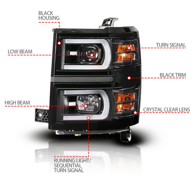 Chevrolet Silverado 1500 14-15 Black Projector Plank Style Sequential Headlights