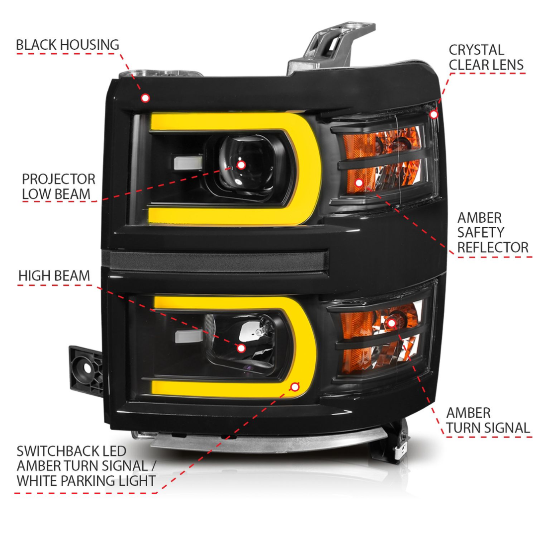 Chevrolet Silverado 1500 14-15 Black Projector Switchback Plank Style Headlights