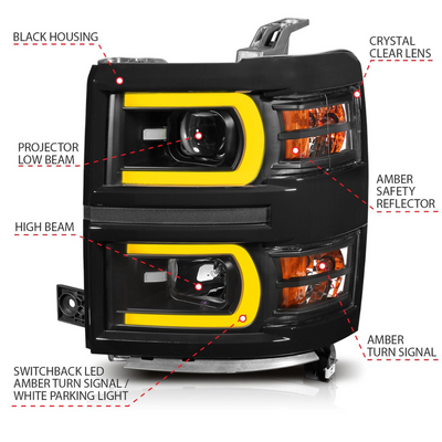Chevrolet Silverado 1500 14-15 Black Projector Switchback Plank Style Headlights
