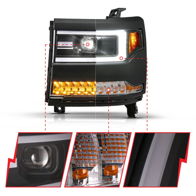 Chevrolet Silverado 1500 16-18 Black Projector Plank Style Headlights W/ Sequential Signal (FOR HID, NO HID BULB INCLUDED)