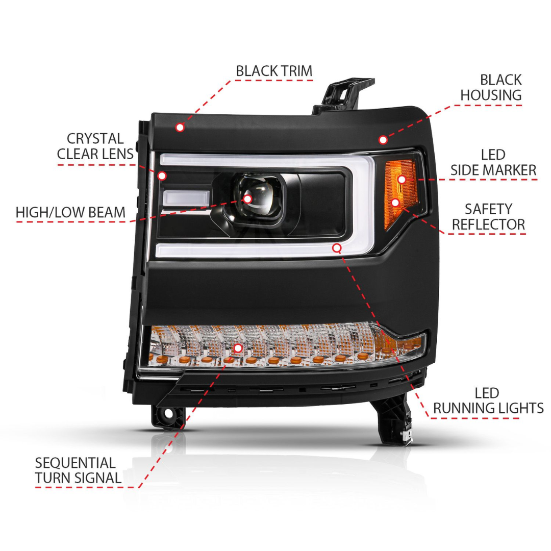 Chevrolet Silverado 1500 16-18 Black Projector Plank Style Headlights W/ Sequential Signal (FOR HID, NO HID BULB INCLUDED)