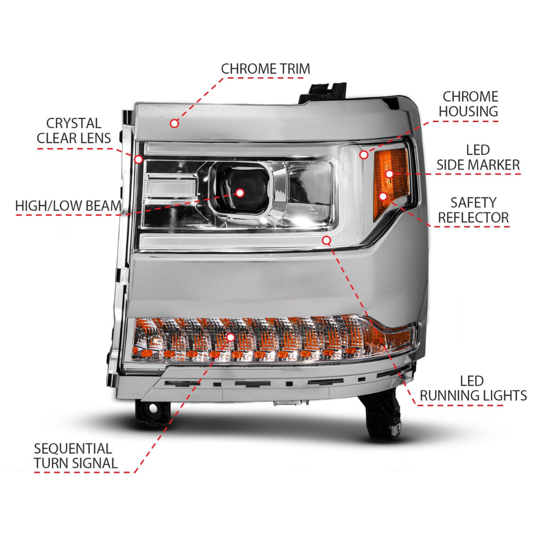 Chevrolet Silverado 1500 16-18 Projector Plank Style Headlights Chrome W/ Sequential Signal (FOR HID, NO HID BULB INCLUDED)