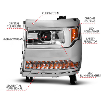 Chevrolet Silverado 1500 16-18 Projector Plank Style Headlights Chrome W/ Sequential Signal (FOR HID, NO HID BULB INCLUDED)