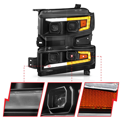 Chevrolet Silverado 1500 19-21 Black Full LED Projector Plank Style Headlights Sequential Signal W/ Initiation Feature (FOR HALOGEN MODELS ONLY)