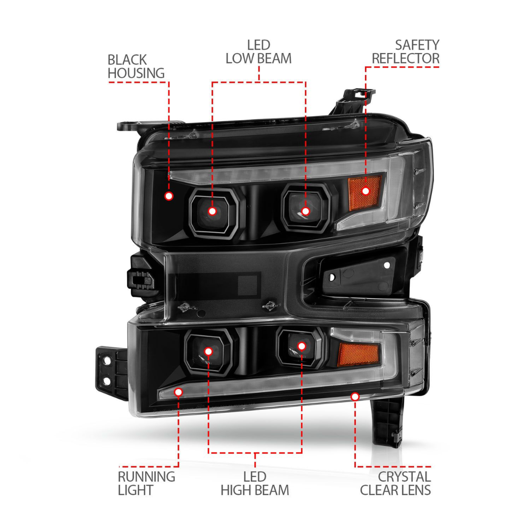 Chevrolet Silverado 1500 19-21 Black Full LED Projector Plank Style Headlights Sequential Signal W/ Initiation Feature (FOR HALOGEN MODELS ONLY)