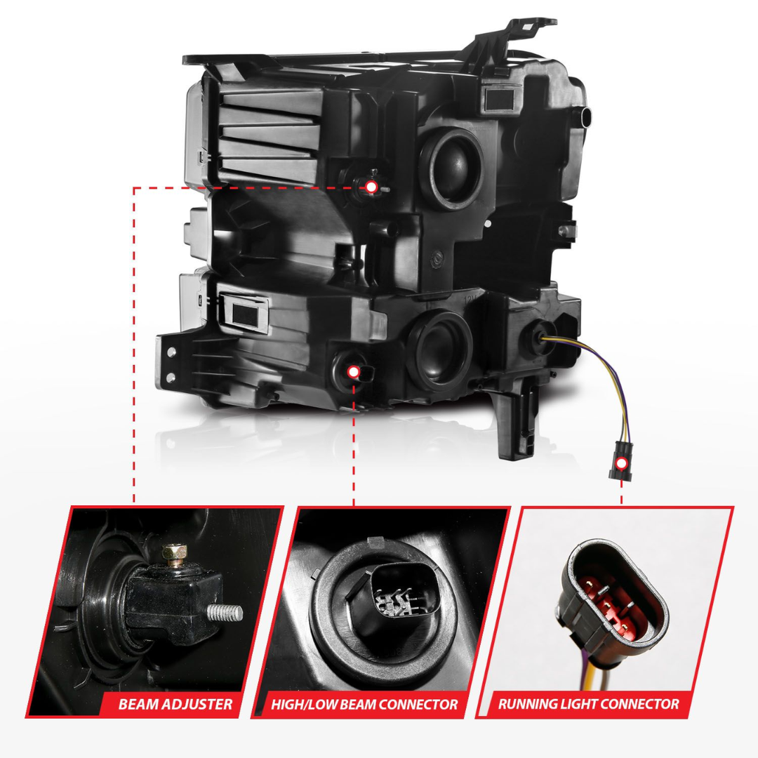 Chevrolet Silverado 1500 19-21 Black Full LED Projector Plank Style Headlights Sequential Signal W/ Initiation Feature (FOR HALOGEN MODELS ONLY)