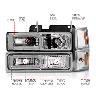 Chevy Blazer (Full Size) '94 / Chevy C/K1500 '94-99 / 2500/3500 '94-00 / Suburban '94-99 / Tahoe '95-99 Crystal C-Bar Style Headlights with Signal & Side Markers (8-piece set) Chrome (bulbs not included).