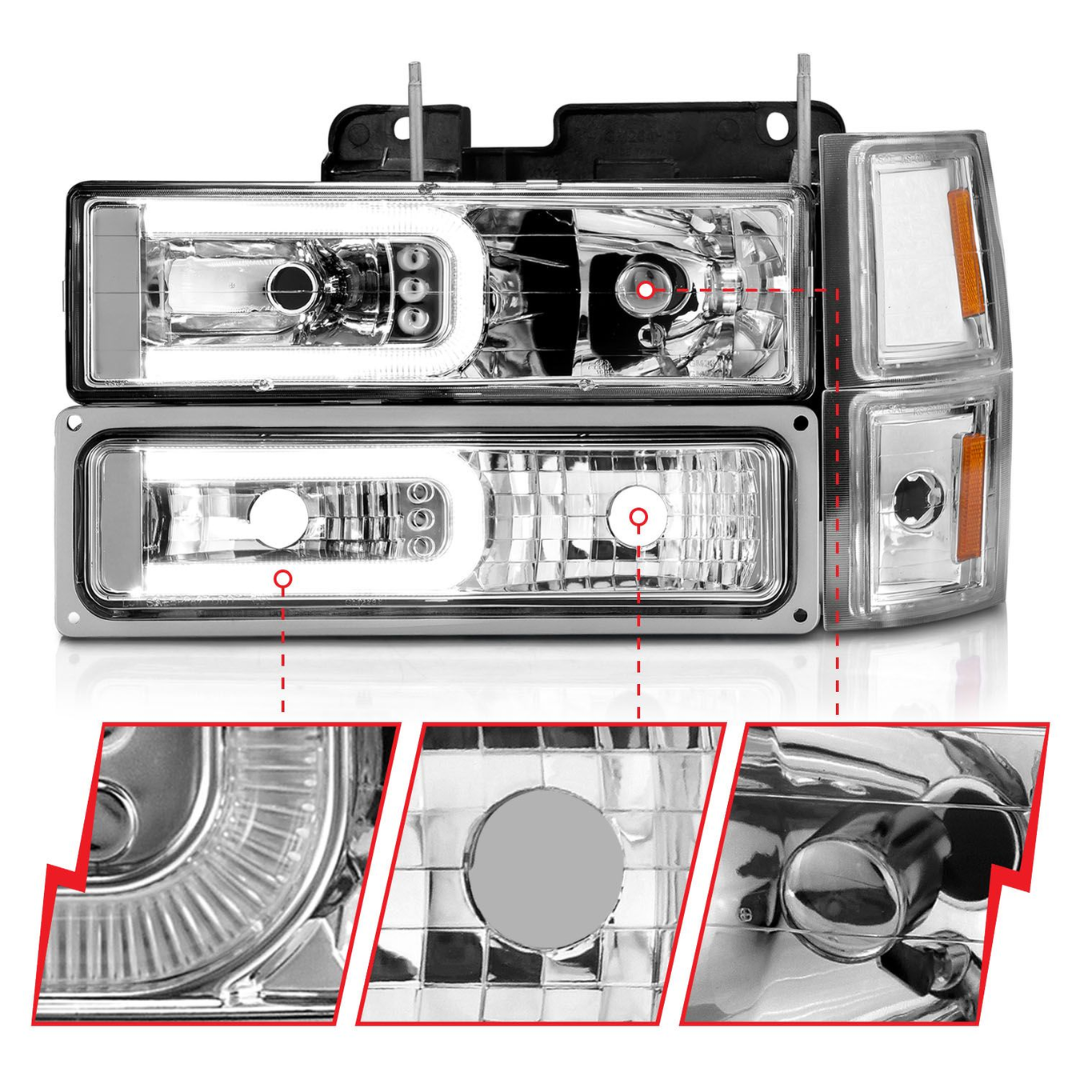 Chevy Blazer (Full Size) '94 / Chevy C/K1500 '94-99 / 2500/3500 '94-00 / Suburban '94-99 / Tahoe '95-99 Crystal C-Bar Style Headlights with Signal & Side Markers (8-piece set) Chrome (bulbs not included).