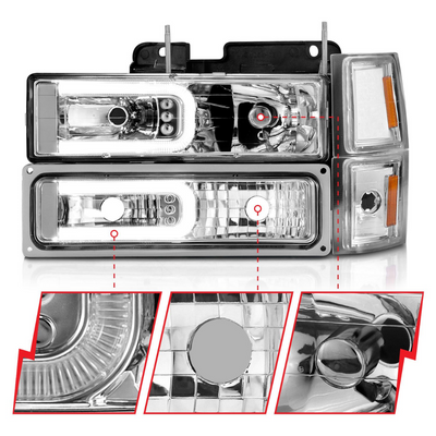 Chevy Blazer (Full Size) '94 / Chevy C/K1500 '94-99 / 2500/3500 '94-00 / Suburban '94-99 / Tahoe '95-99 Crystal C-Bar Style Headlights with Signal & Side Markers (8-piece set) Chrome (bulbs not included).