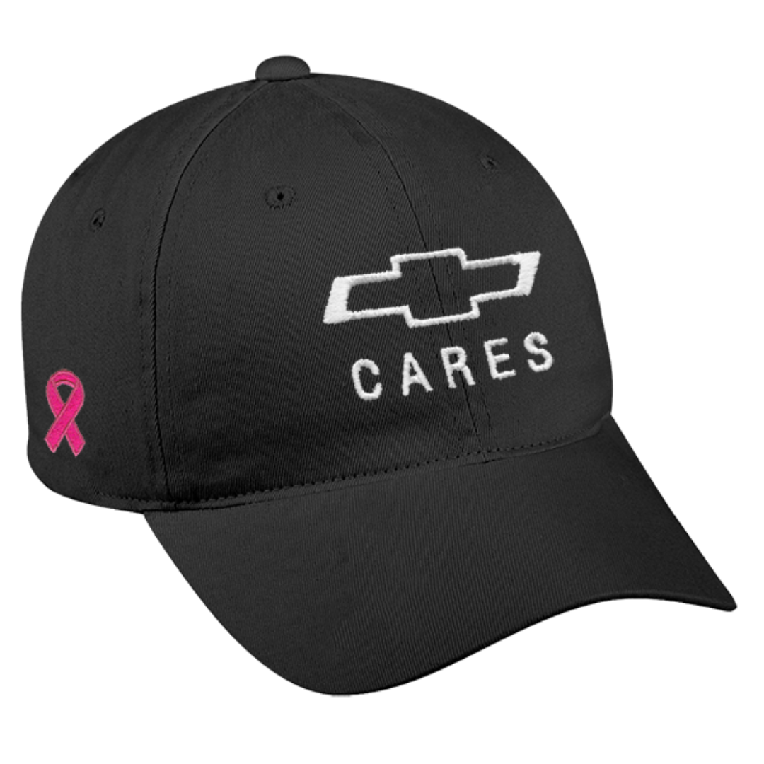 Black Chevy Cares cap with embroidered pink breast cancer awareness ribbon