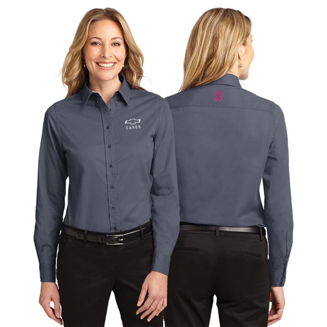 Ladies steel grey Chevy Cares breast cancer awareness dress shirt