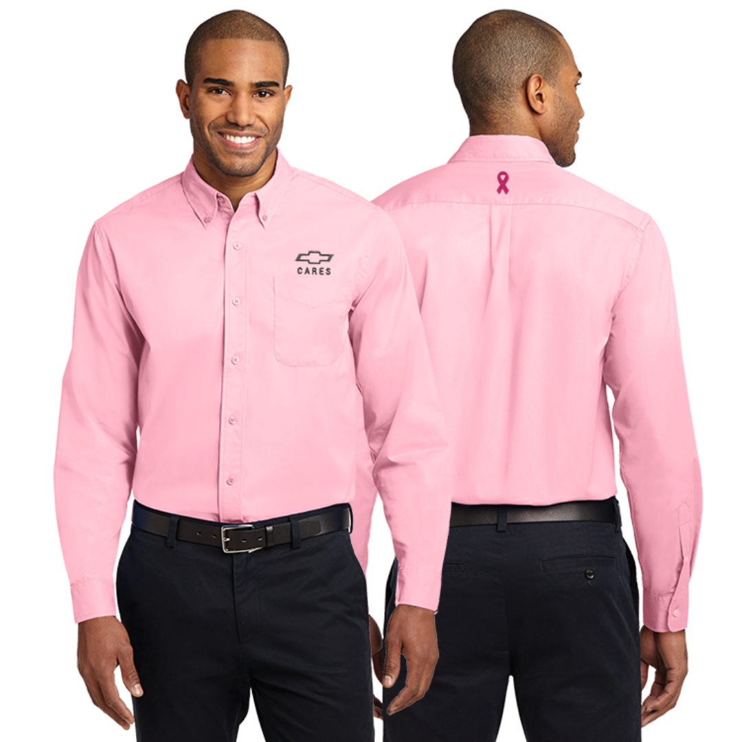 Men's pink Chevy Cares breast cancer awareness easy care shirt