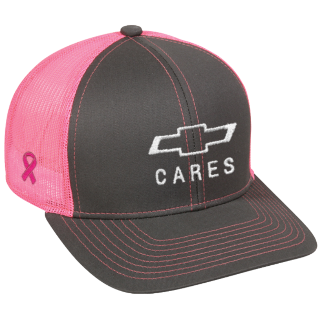 Chevy Cares charcoal trucker cap with pink mesh back and embroidered pink awareness ribbon