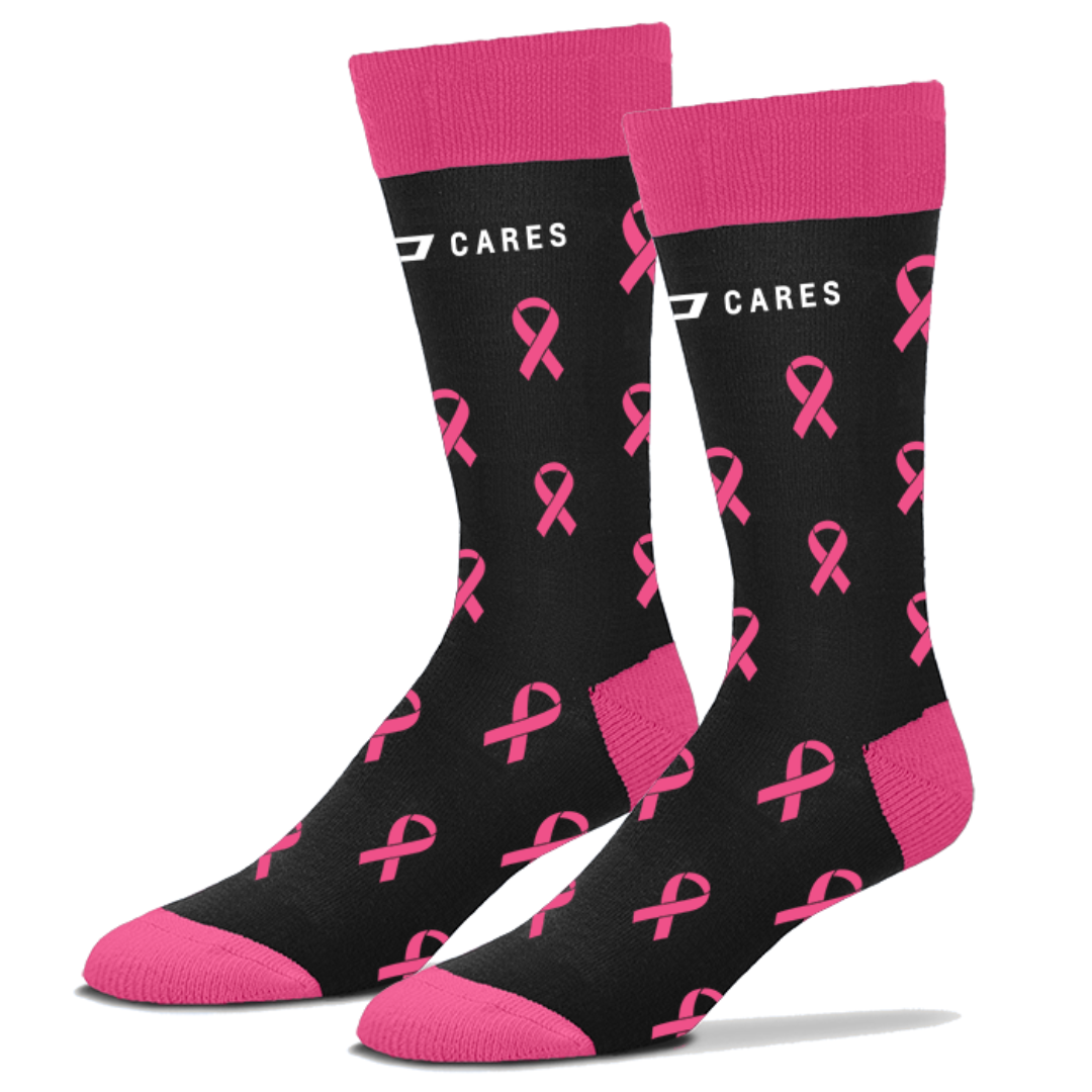 Chevy Cares black crew socks with pink ribbon pattern