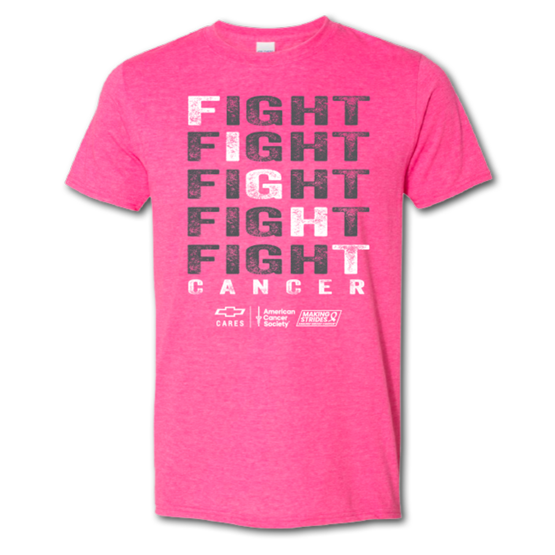 Chevy Cares Fight Cancer pink t-shirt with repeating FIGHT graphic and pink awareness ribbon