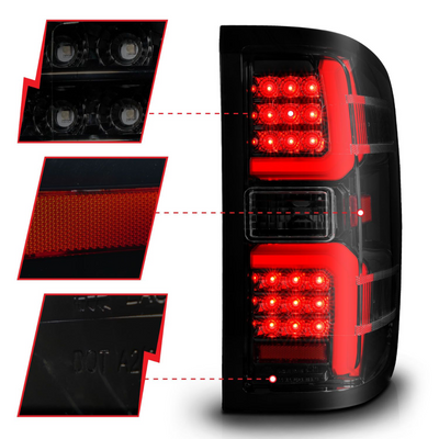 Chevy Silverado 1500 14-18 / 2500HD/3500HD 15-19 / Sierra 2500HD/3500HD Dually 15-19 LED Tail Lights Black Smoke Lens W/ Sequential Signal