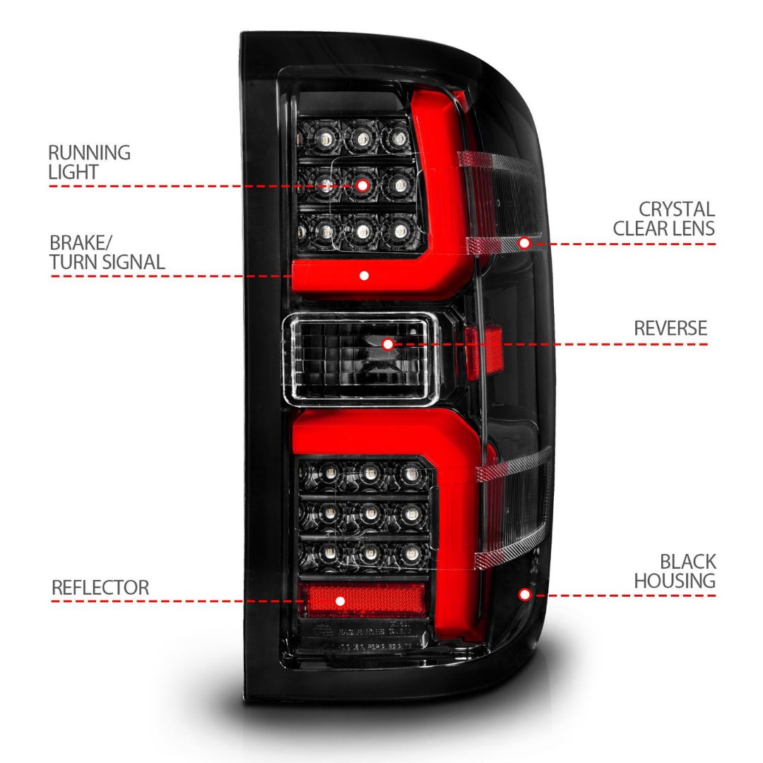 Chevy Silverado 1500 14-18 / 2500HD/3500HD 15-19 / Sierra 2500HD/3500HD Dually 15-19 LED Tail Lights Black w/ Clear Lens W/ Sequential Signal