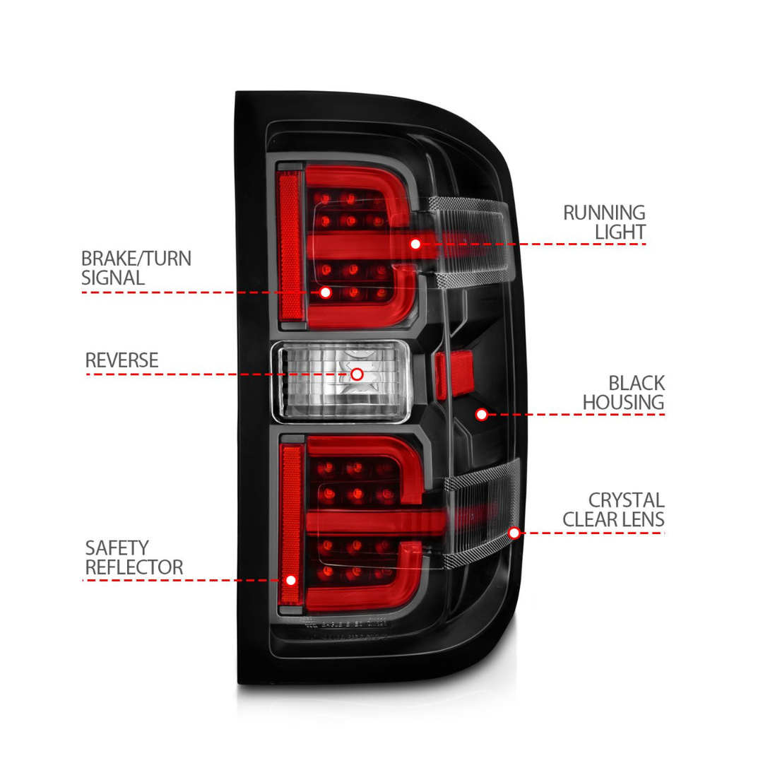 Chevy Silverado 1500 14-18 / 2500HD/3500HD 15-19 / Sierra 2500HD/3500HD Dually LED Light Bar Style Tail Lights Black w/ Clear Lens (NOT FOR OE FACTORY LED MODELS)