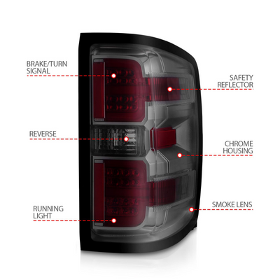 Chevy Silverado 1500 14-18 / 2500HD/3500HD 15-19 / Sierra 2500HD/3500HD Dually LED Light Bar Style Tail Lights Chrome w/ Smoke Lens (NOT FOR OE FACTORY LED MODELS)