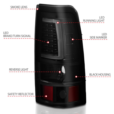 Chevy Silverado 99-02 1500/2500 01-03 3500 GMC Sierra 1500/2500 99-06 LED C Bar Style Tail Lights Black w/ Smoke Lens