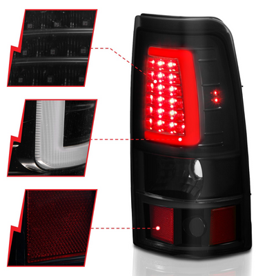 Chevy Silverado 99-02 1500/2500 01-03 3500 GMC Sierra 1500/2500 99-06 LED C Bar Style Tail Lights Black w/ Smoke Lens