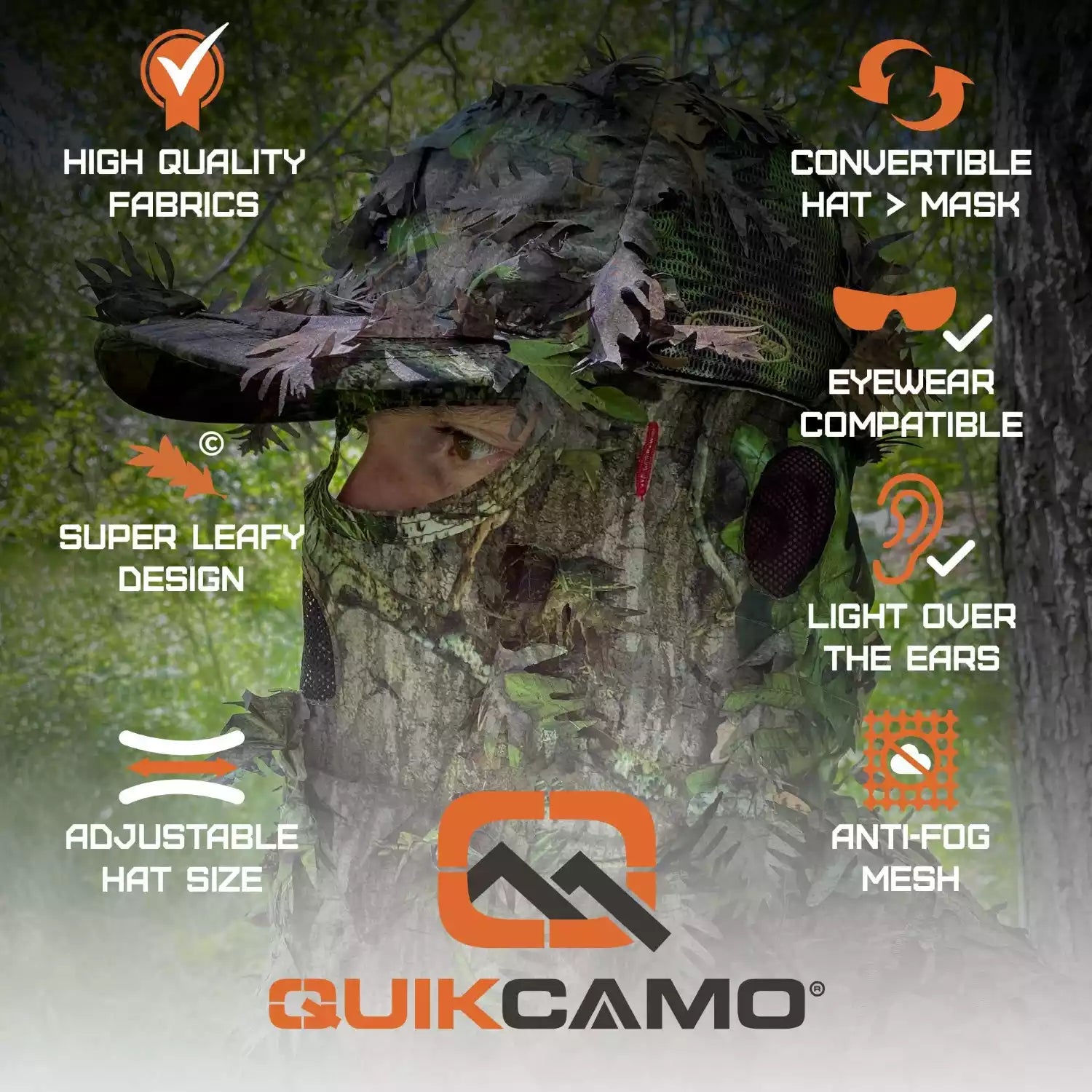 2-in-1 FRONT Leafy Face Mask and Camo Hat (Adj, OSFM)