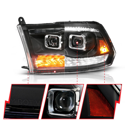 Dodge Ram 1500 09-18 / 2500/3500 10-18 Full LED Projector Headlights Black Clear Lens W/ Sequential Signals (FOR ALL MODELS)