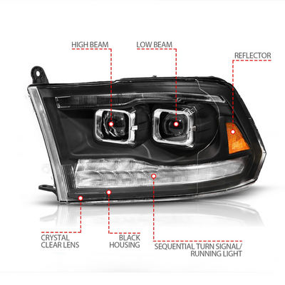 Dodge Ram 1500 09-18 / 2500/3500 10-18 Full LED Projector Headlights Black Clear Lens W/ Sequential Signals (FOR ALL MODELS)
