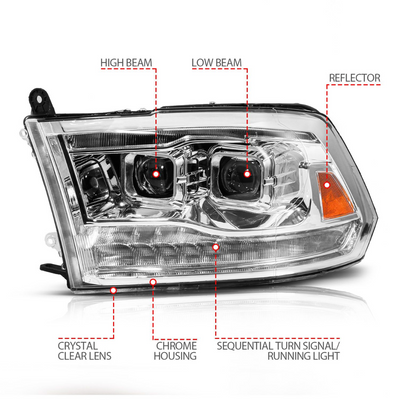 Dodge Ram 1500 09-18 / 2500/3500 10-18 Full LED Projector Headlights Chrome Clear Lens W/ Sequential Signals (FOR ALL MODELS)