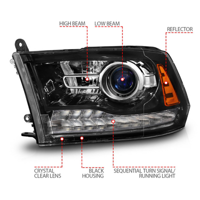 Dodge Ram 1500 09-18 Ram 2500/3500 10-18 Gloss Black Projector Headlights W/ Sequential Signals (FOR ALL MODELS)