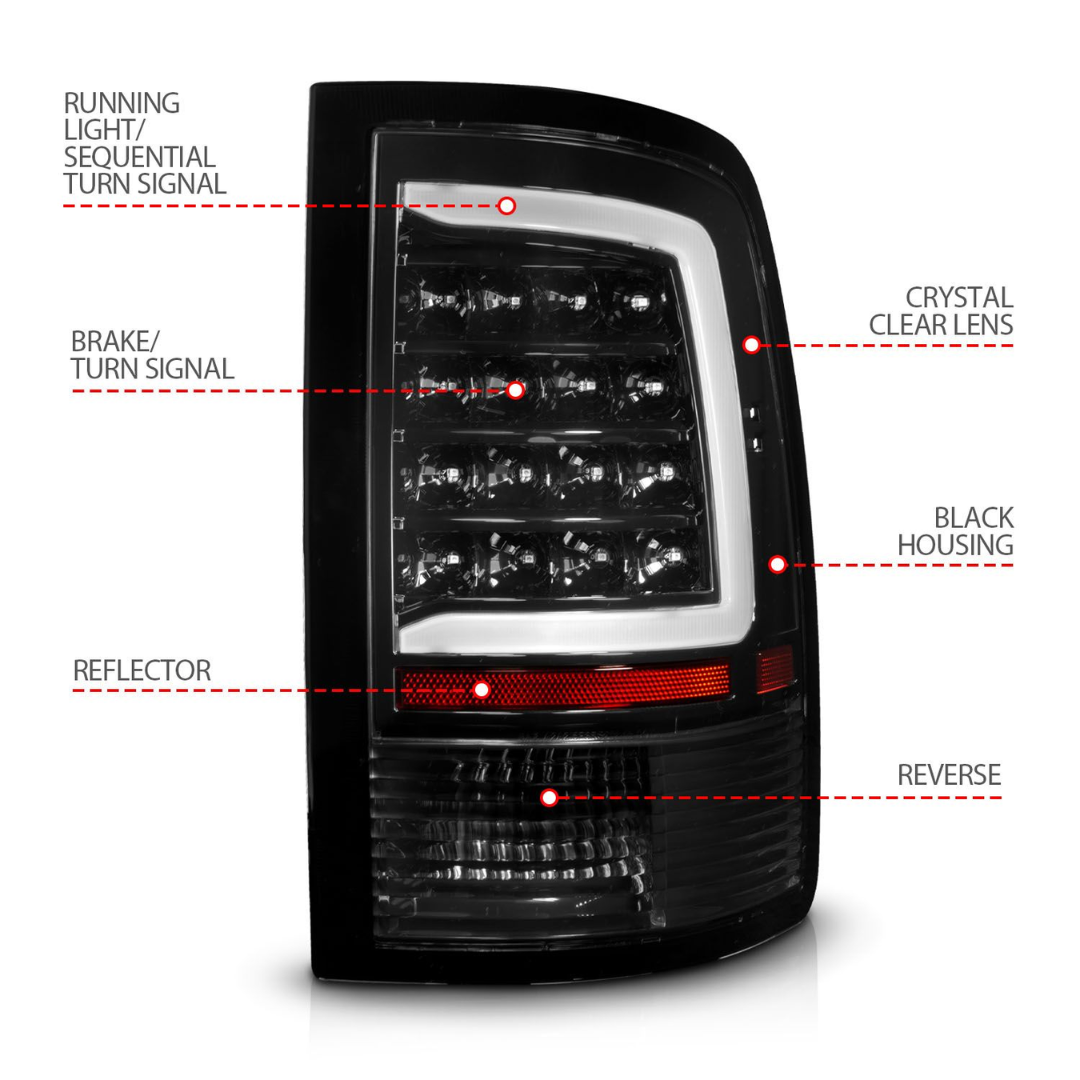 Dodge Ram 1500 09-18 / Ram 2500/3500 10-18 LED Black w/ Clear Lens Sequential Tail Lights (NOT FOR OE LED TAIL LIGHT MODELS)