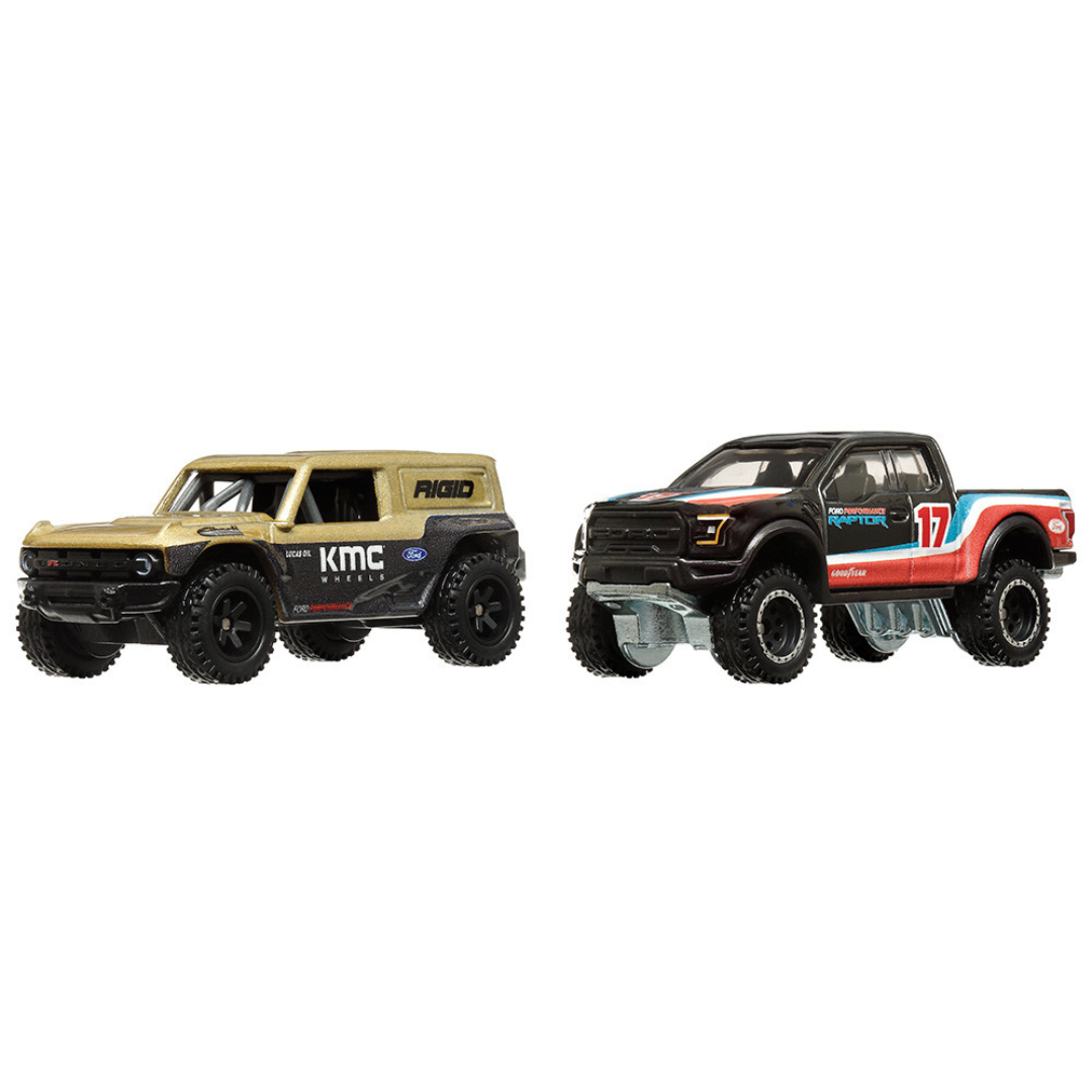 Ford Bronco R Gold Metallic and Black and 2017 Ford F-150 Raptor Pickup Truck #17 Black with Stripes "Car Culture" Set of 2 Cars Diecast Model Cars