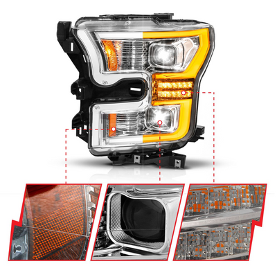 FORD F-150 15-17 FULL LED Chrome Projector Plank Style Headlights Sequential Signal W/ Initiation Feature (FOR HALOGEN MODELS ONLY)