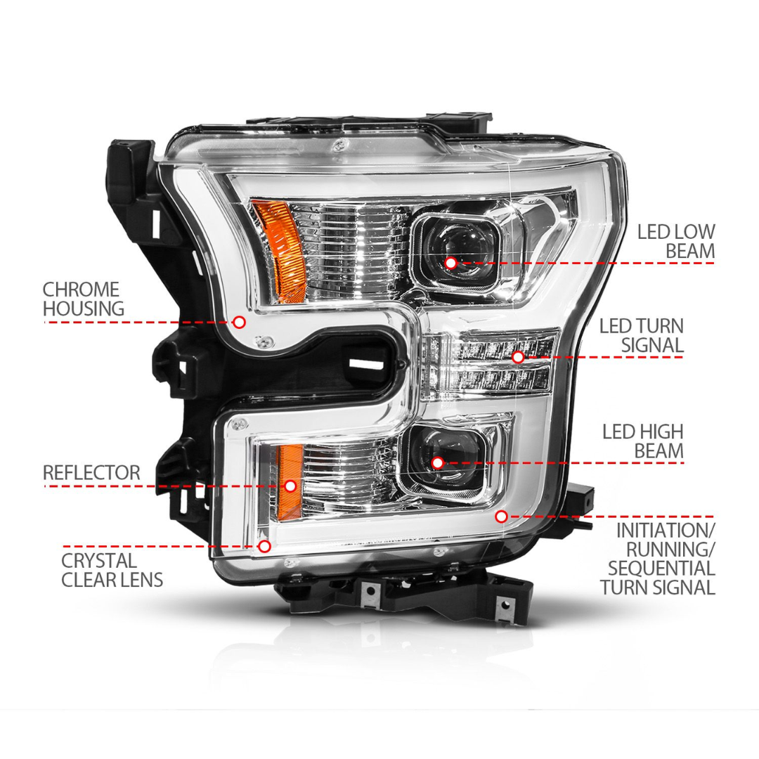 FORD F-150 15-17 FULL LED Chrome Projector Plank Style Headlights Sequential Signal W/ Initiation Feature (FOR HALOGEN MODELS ONLY)
